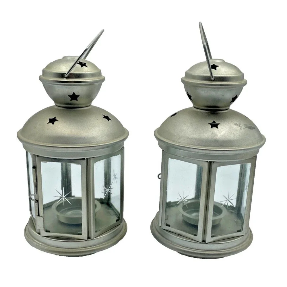 Set of 2 IKEA Rotera Hanging Lanterns Tea Light Candle Holder Metal & Glass